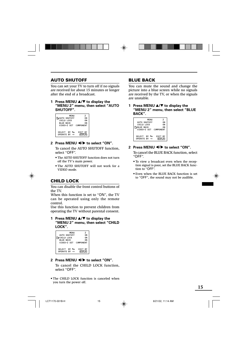 Auto shutoff, Child lock, Blue back | Using the tv’s menus | JVC AV-29WX3 User Manual | Page 15 / 72