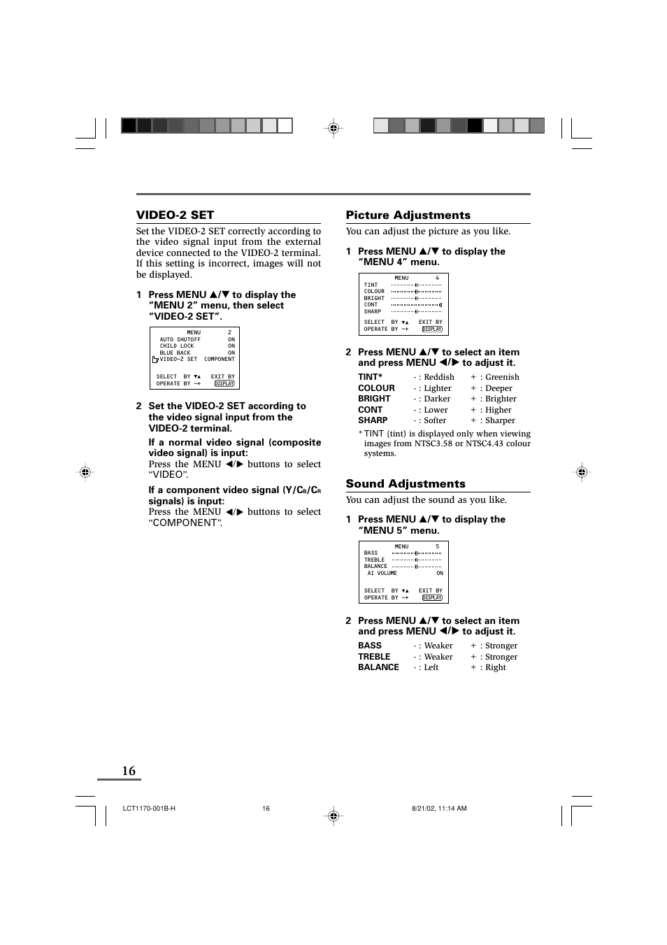 Video-2 set, Picture adjustments, Sound adjustments | Using the tv’s menus | JVC AV-29WX3 User Manual | Page 16 / 72