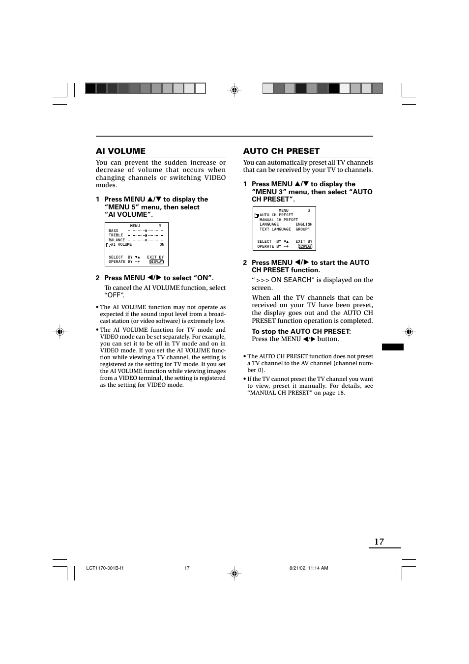 Ai volume, Auto ch preset, Using the tv’s menus | JVC AV-29WX3 User Manual | Page 17 / 72