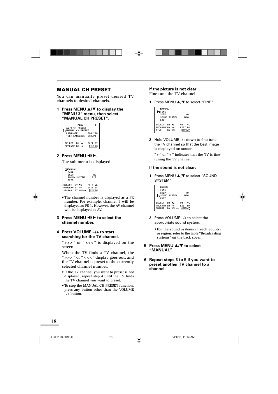 Manual ch preset, Using the tv’s menus | JVC AV-29WX3 User Manual | Page 18 / 72