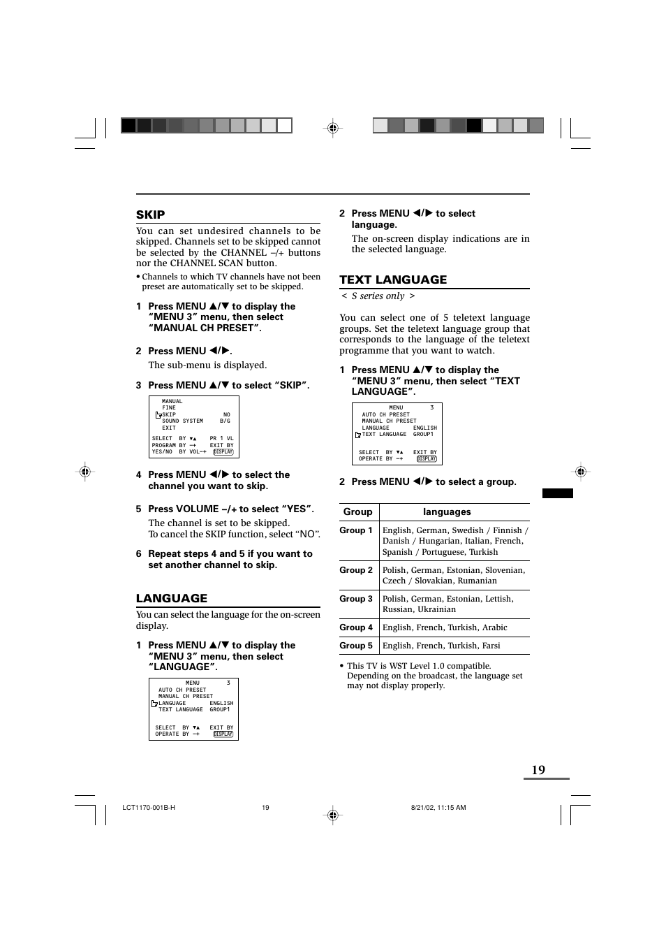 Skip, Language, Text language | Using the tv’s menus | JVC AV-29WX3 User Manual | Page 19 / 72