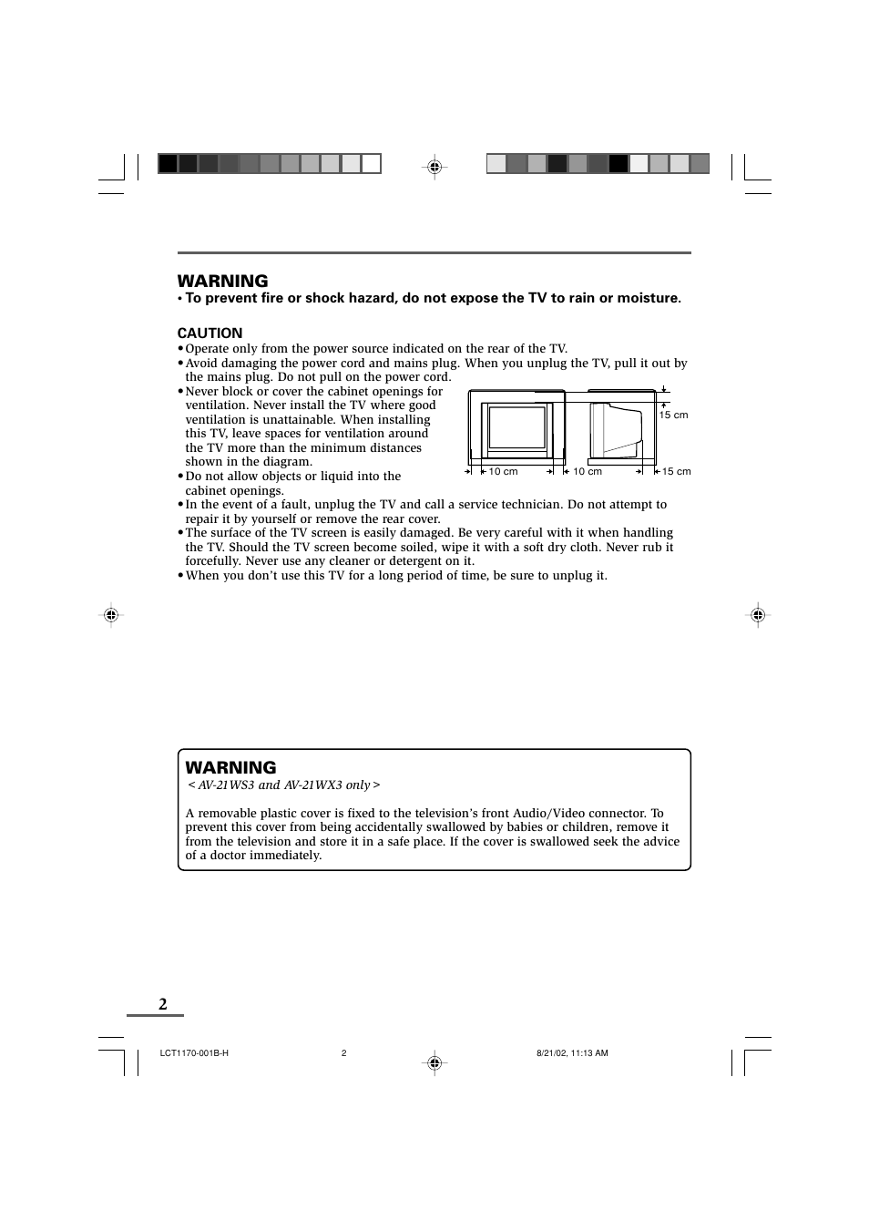 Safety precautions, Warning | JVC AV-29WX3 User Manual | Page 2 / 72