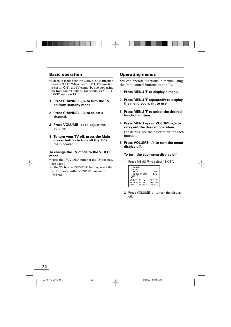 Using the buttons on the tv, Basic operation, Operating menus | JVC AV-29WX3 User Manual | Page 22 / 72