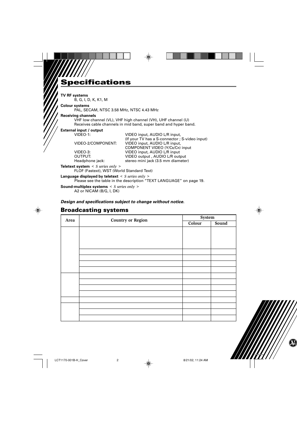 Specifications, Broadcasting systems | JVC AV-29WX3 User Manual | Page 24 / 72