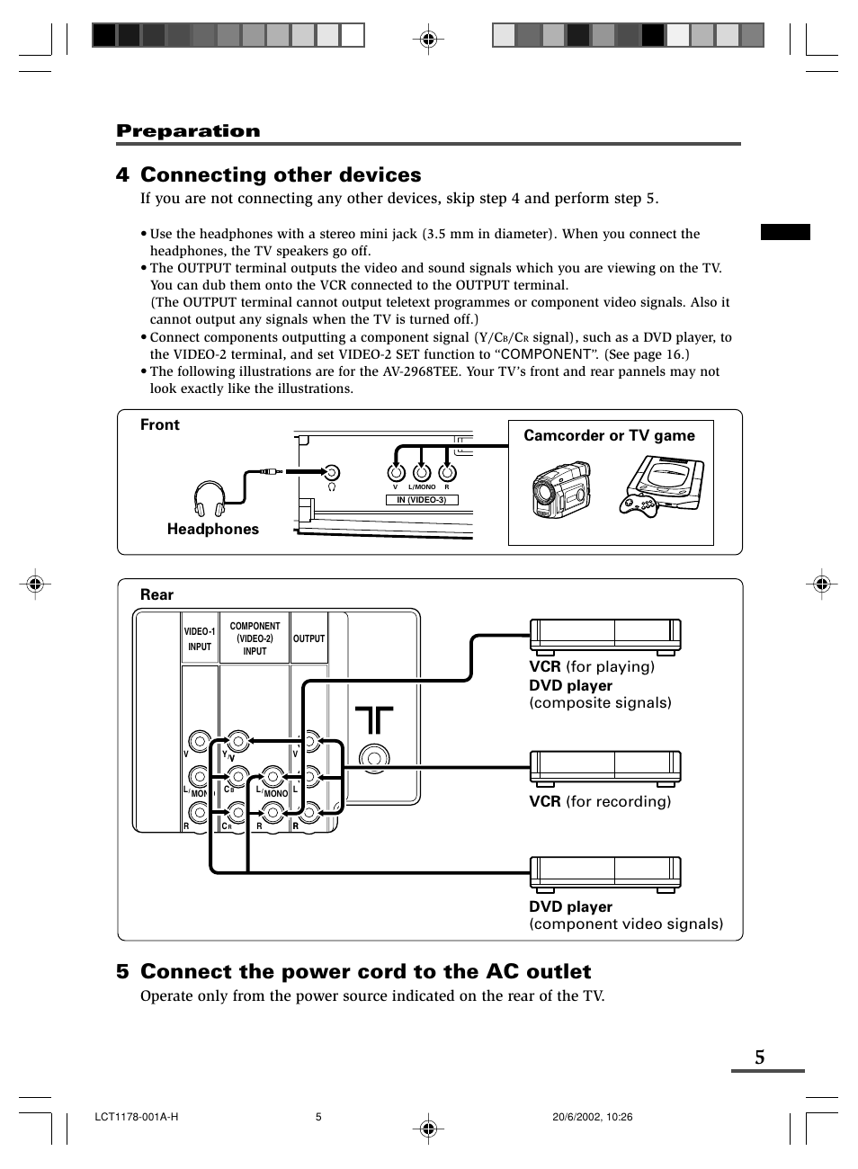 4 connecting other devices, 5 connect the power cord to the ac outlet, Preparation | Headphones camcorder or tv game | JVC AV-29WX3 User Manual | Page 29 / 72