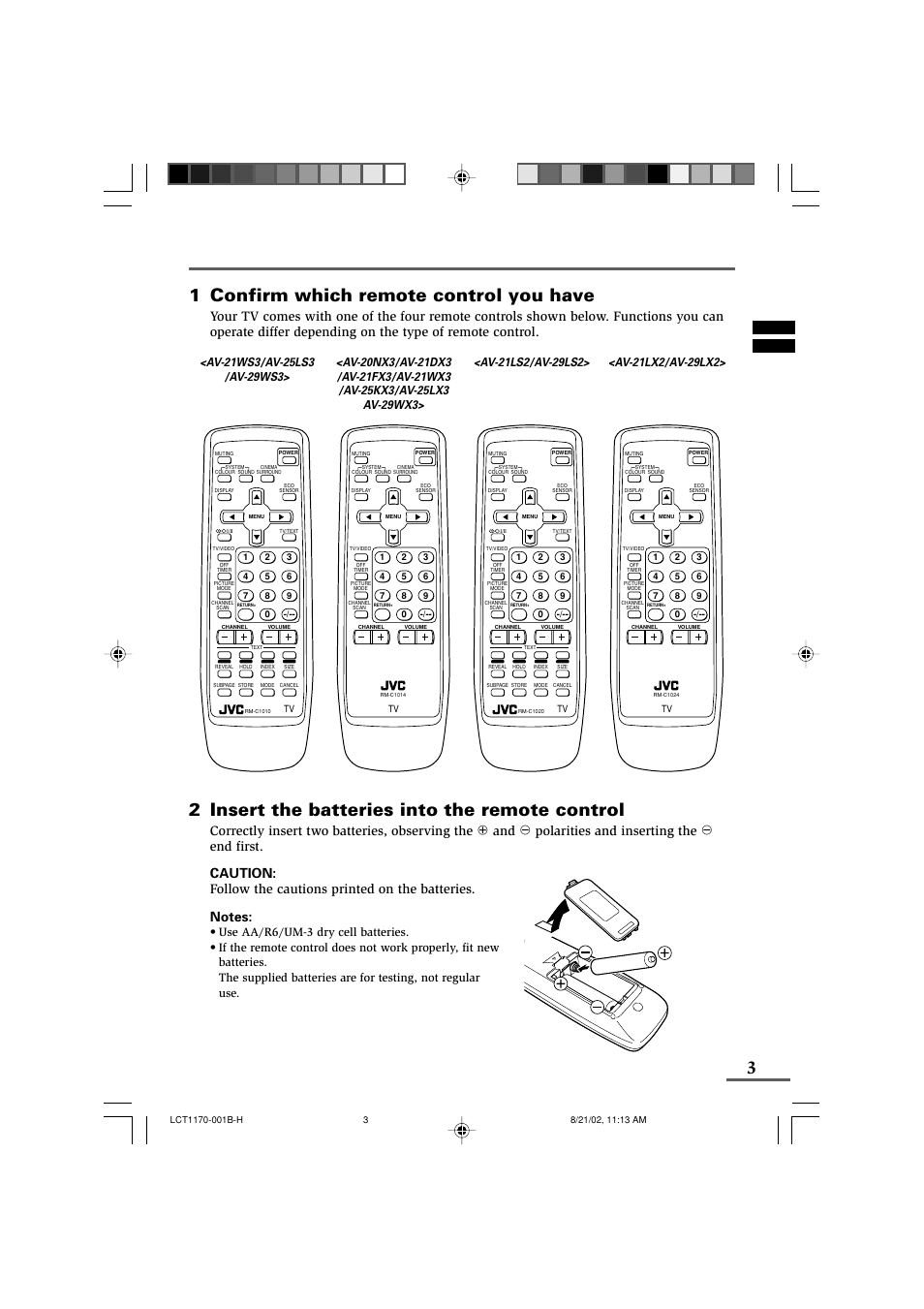 Preparation, 1 confirm which remote control you have, 2 insert the batteries into the remote control | JVC AV-29WX3 User Manual | Page 3 / 72