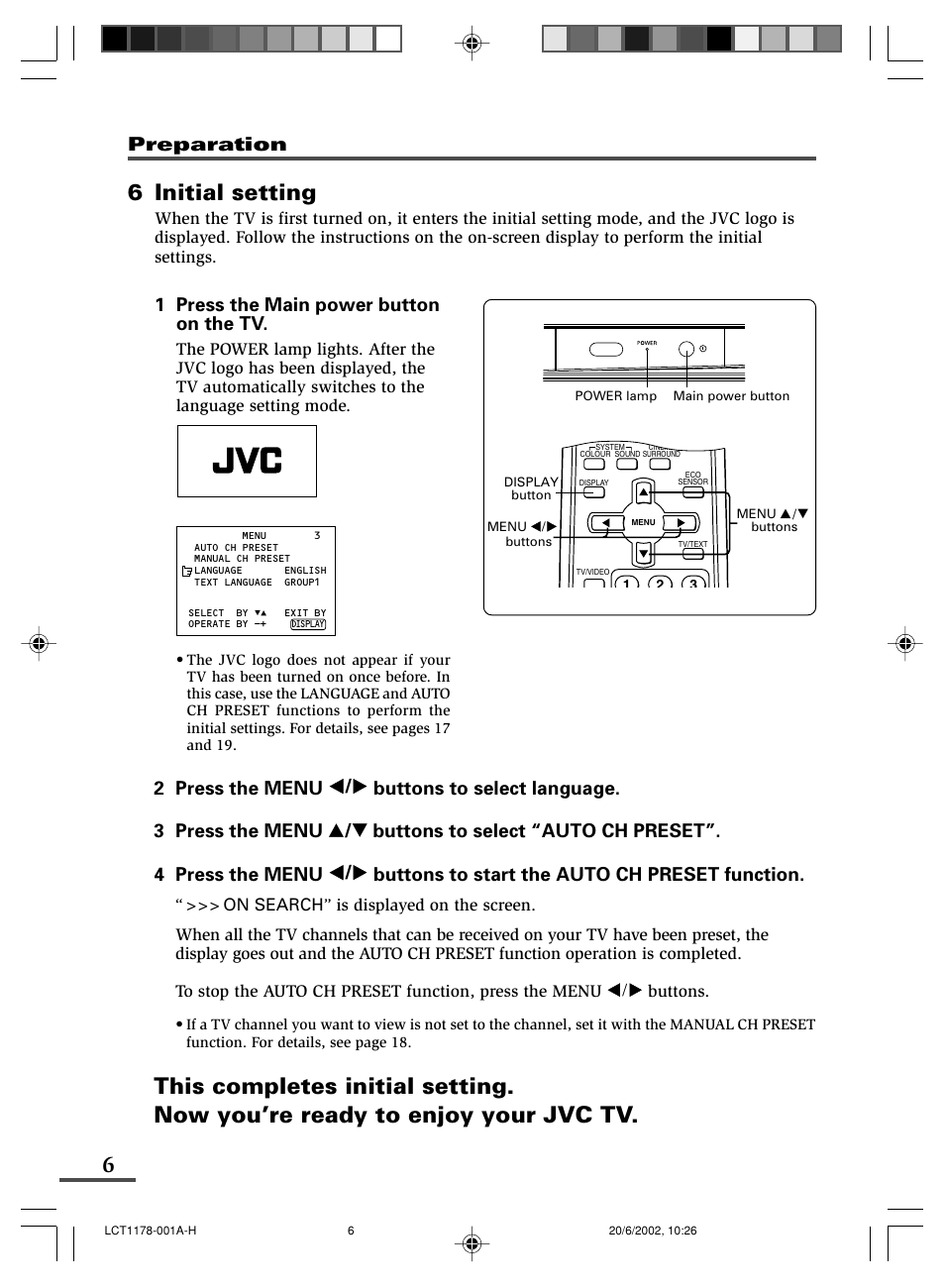 6 initial setting, Preparation, 1 press the main power button on the tv | JVC AV-29WX3 User Manual | Page 30 / 72