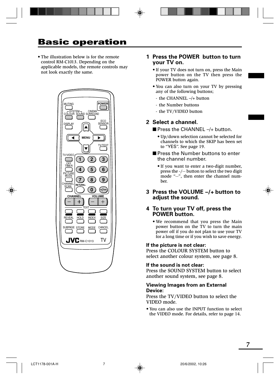 Basic operation, 1 press the power button to turn your tv on, 2 select a channel | Press the channel m button | JVC AV-29WX3 User Manual | Page 31 / 72