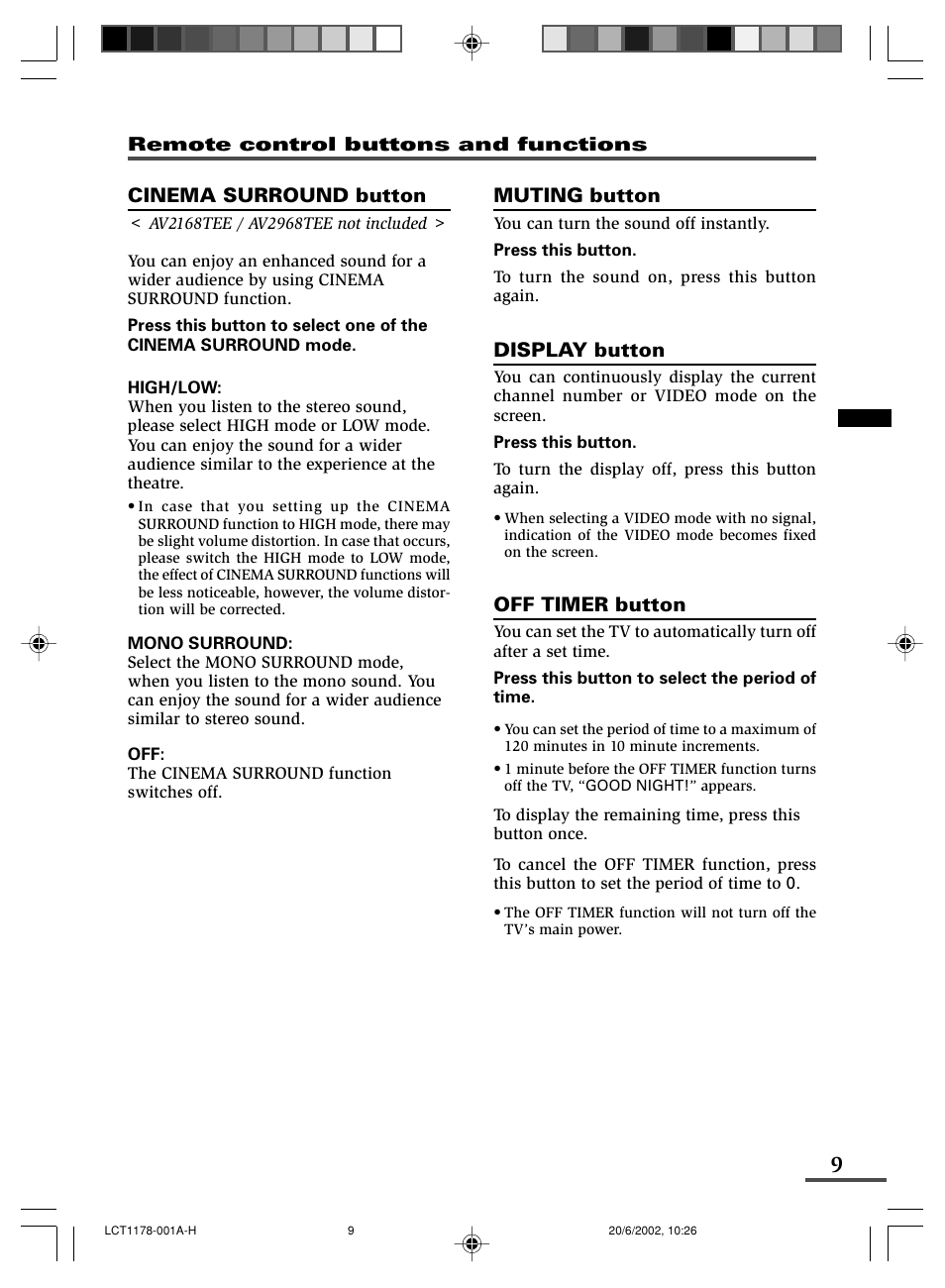 Muting button, Display button, Off timer button | Cinema surround button | JVC AV-29WX3 User Manual | Page 33 / 72