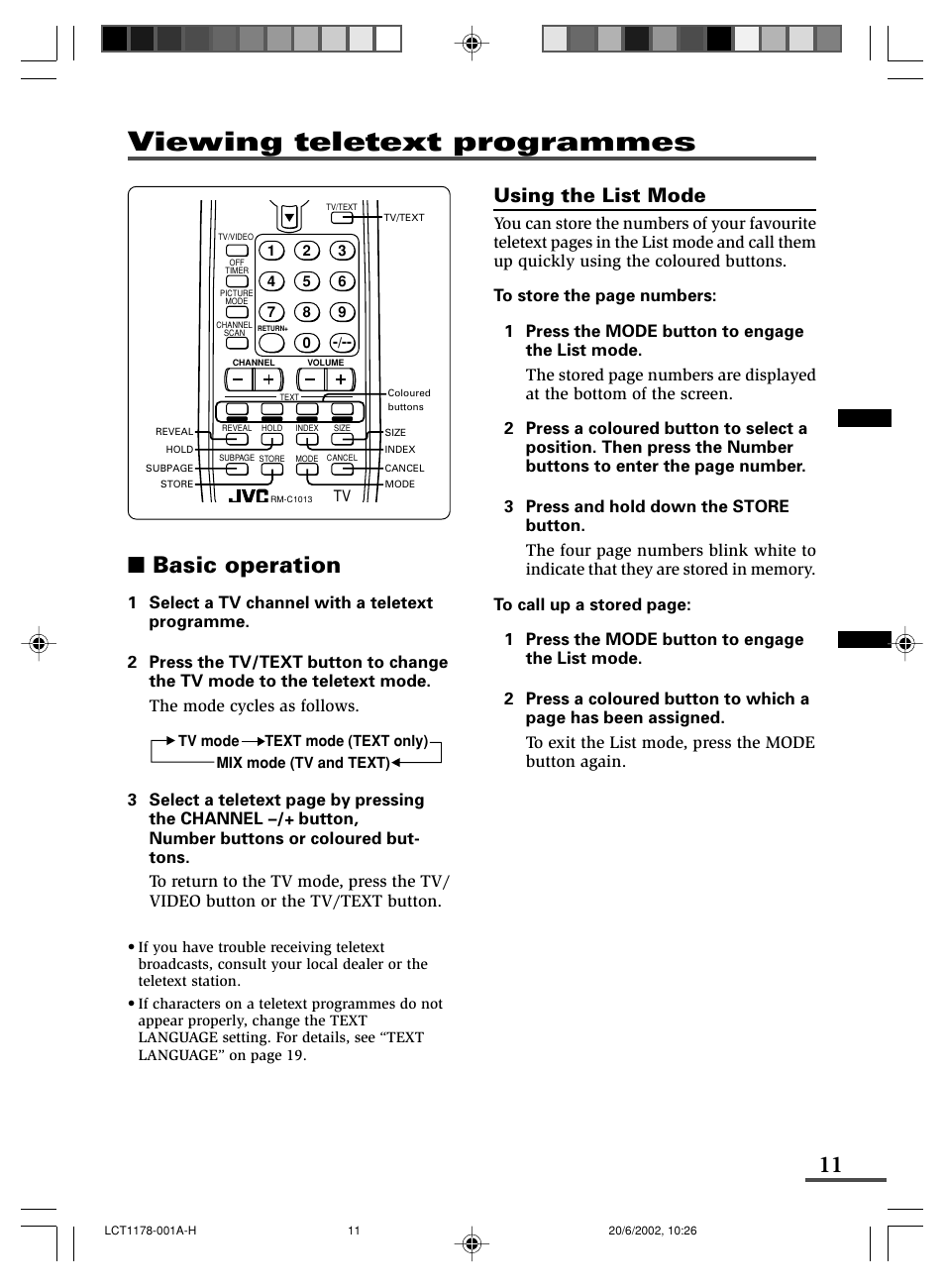 Viewing teletext programmes, Basic operation, Using the list mode | JVC AV-29WX3 User Manual | Page 35 / 72