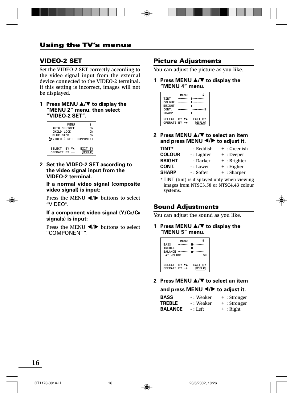 Video-2 set, Picture adjustments, Sound adjustments | Using the tv’s menus | JVC AV-29WX3 User Manual | Page 40 / 72