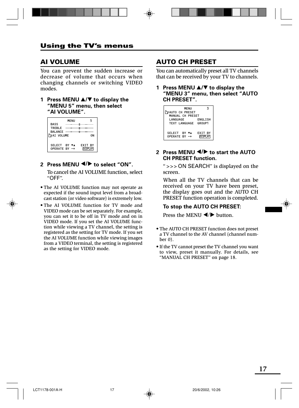 Auto ch preset, Ai volume, Using the tv’s menus | JVC AV-29WX3 User Manual | Page 41 / 72