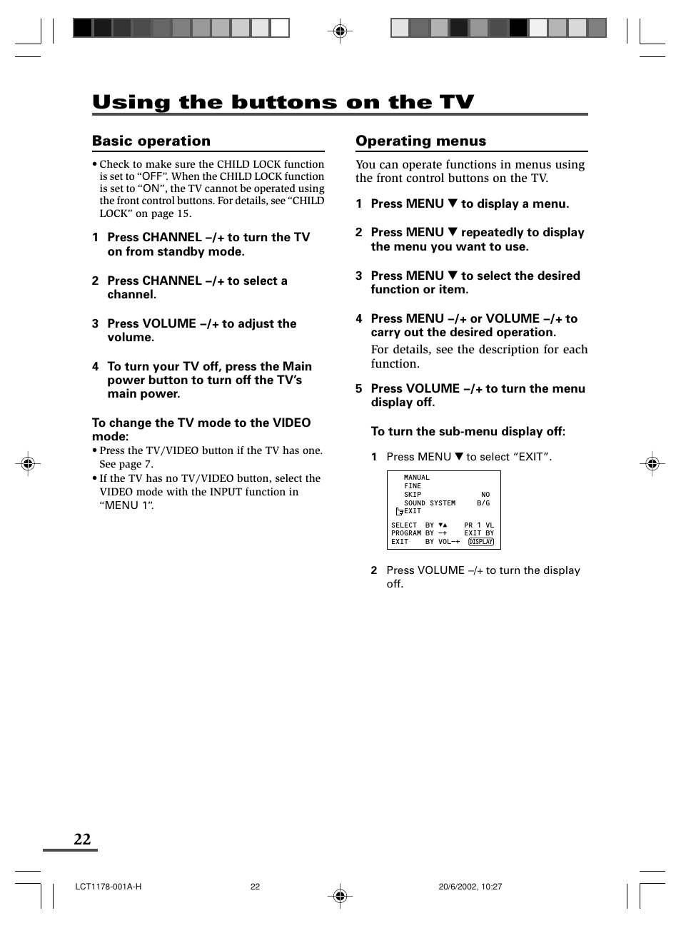 Using the buttons on the tv, Basic operation, Operating menus | JVC AV-29WX3 User Manual | Page 46 / 72