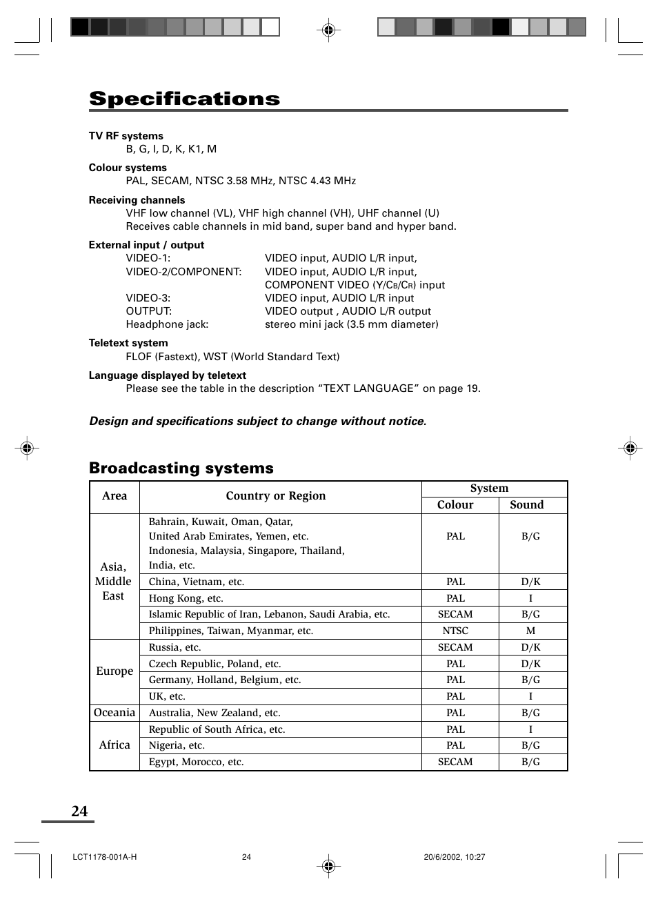 Specifications, Broadcasting systems | JVC AV-29WX3 User Manual | Page 48 / 72