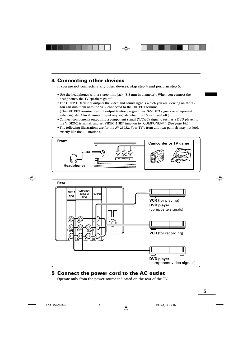 4 connecting other devices, 5 connect the power cord to the ac outlet, Preparation | Headphones camcorder or tv game | JVC AV-29WX3 User Manual | Page 5 / 72