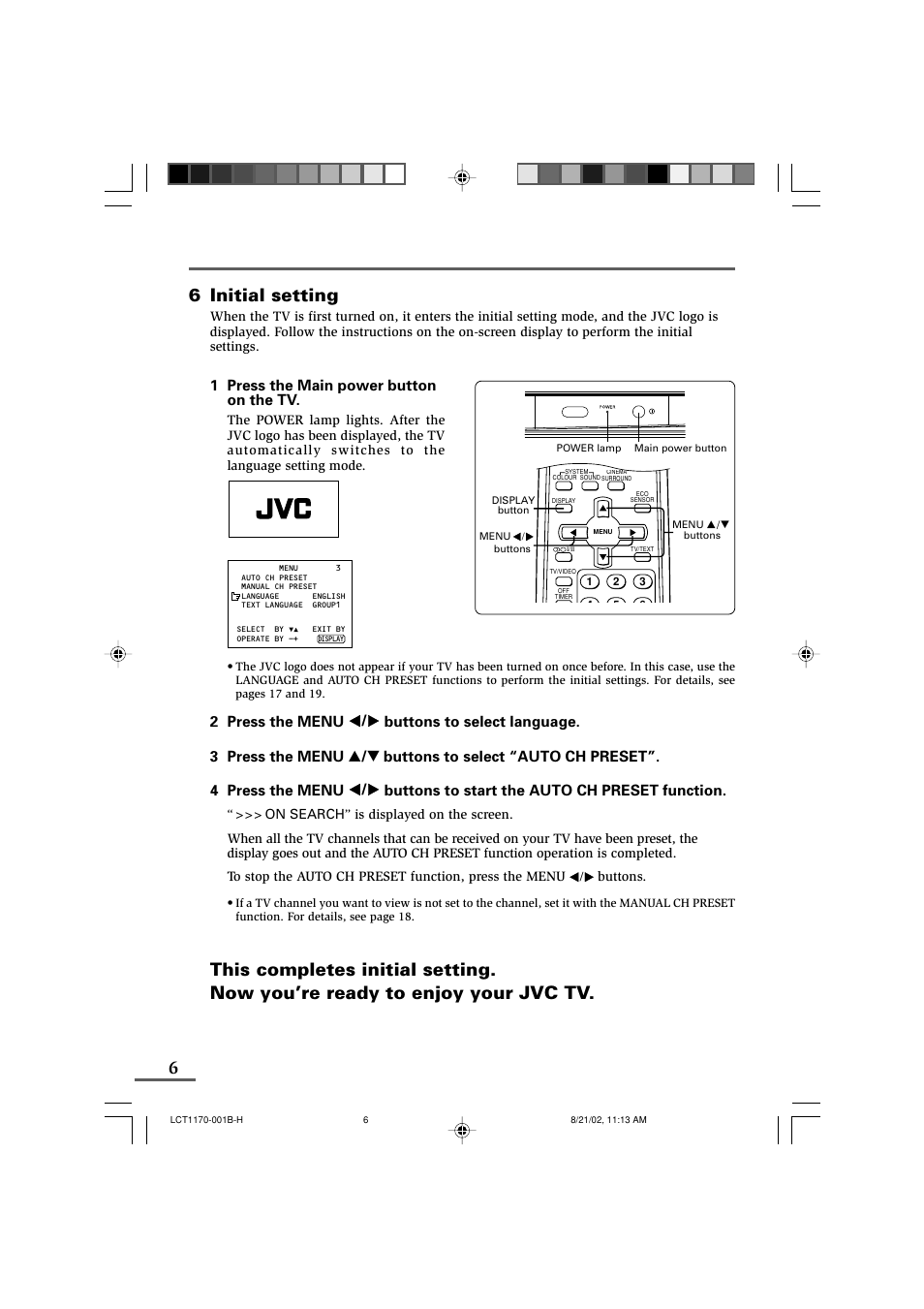 6 initial setting, Preparation, 1 press the main power button on the tv | Buttons | JVC AV-29WX3 User Manual | Page 6 / 72