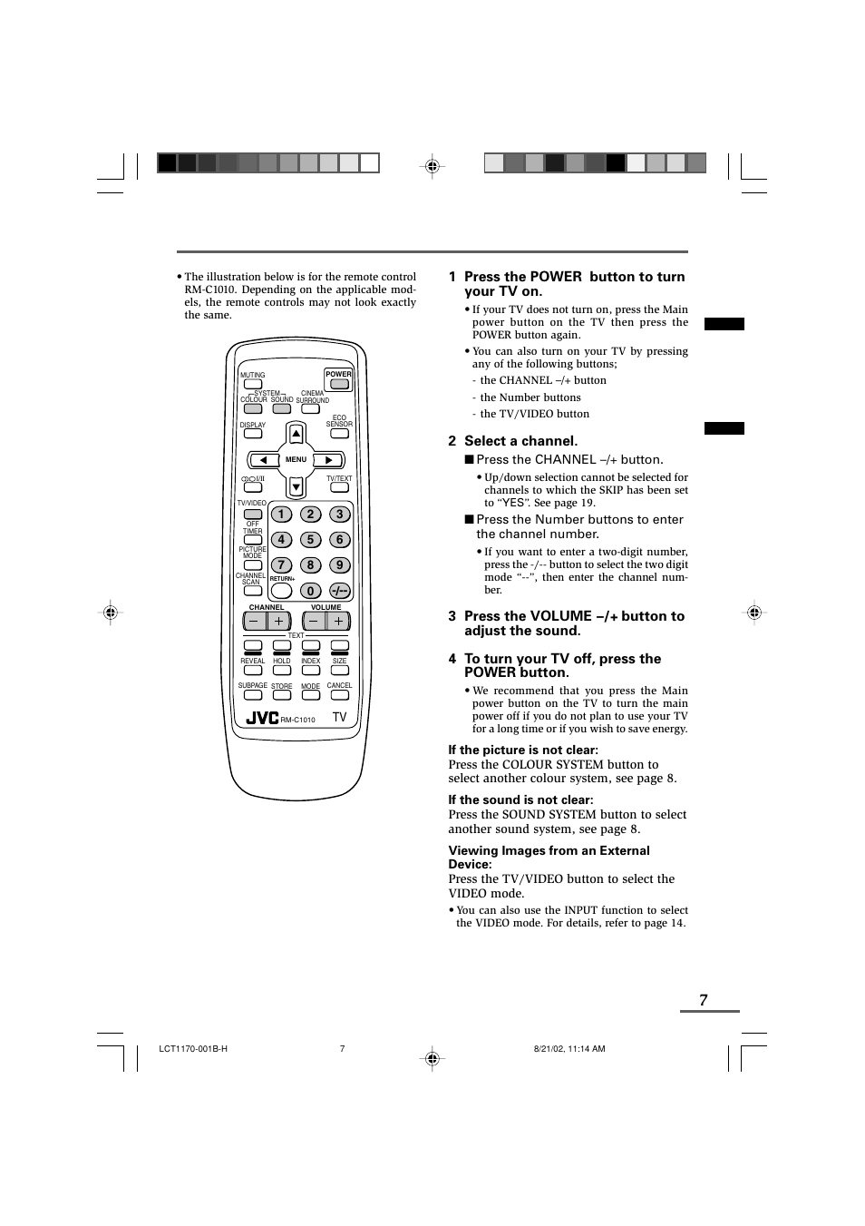 Basic operation, 1 press the power button to turn your tv on, 2 select a channel | Press the channel m button | JVC AV-29WX3 User Manual | Page 7 / 72