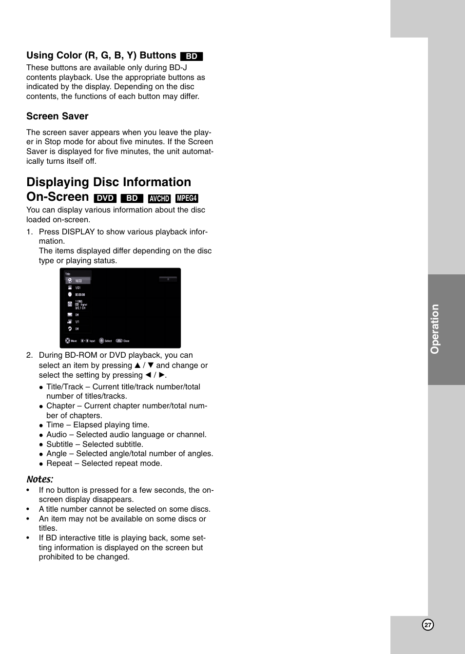 Using color (r, g, b, y) buttons, Screen saver, Displaying disc information on-screen | Operation | JVC LVT2007-003C User Manual | Page 27 / 40