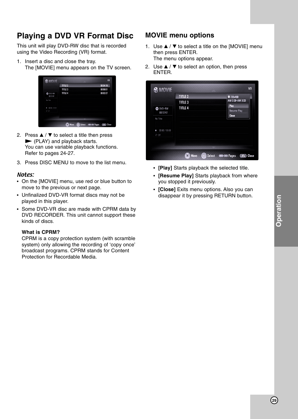 Playing a dvd vr format disc, Operation, Movie menu options | JVC LVT2007-003C User Manual | Page 29 / 40