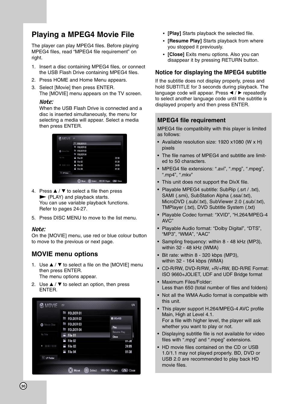 Playing a mpeg4 movie file, Movie menu options, Notice for displaying the mpeg4 subtitle | Mpeg4 file requirement | JVC LVT2007-003C User Manual | Page 30 / 40
