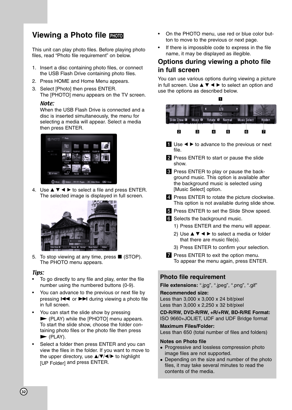 Viewing a photo file, Options during viewing a photo file in full screen, Photo file requirement | JVC LVT2007-003C User Manual | Page 32 / 40