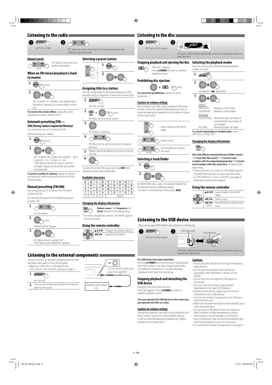 Listening to the radio, Listening to the disc, Listening to the usb device | Listening to the external components | JVC GET0698-001A User Manual | Page 2 / 6