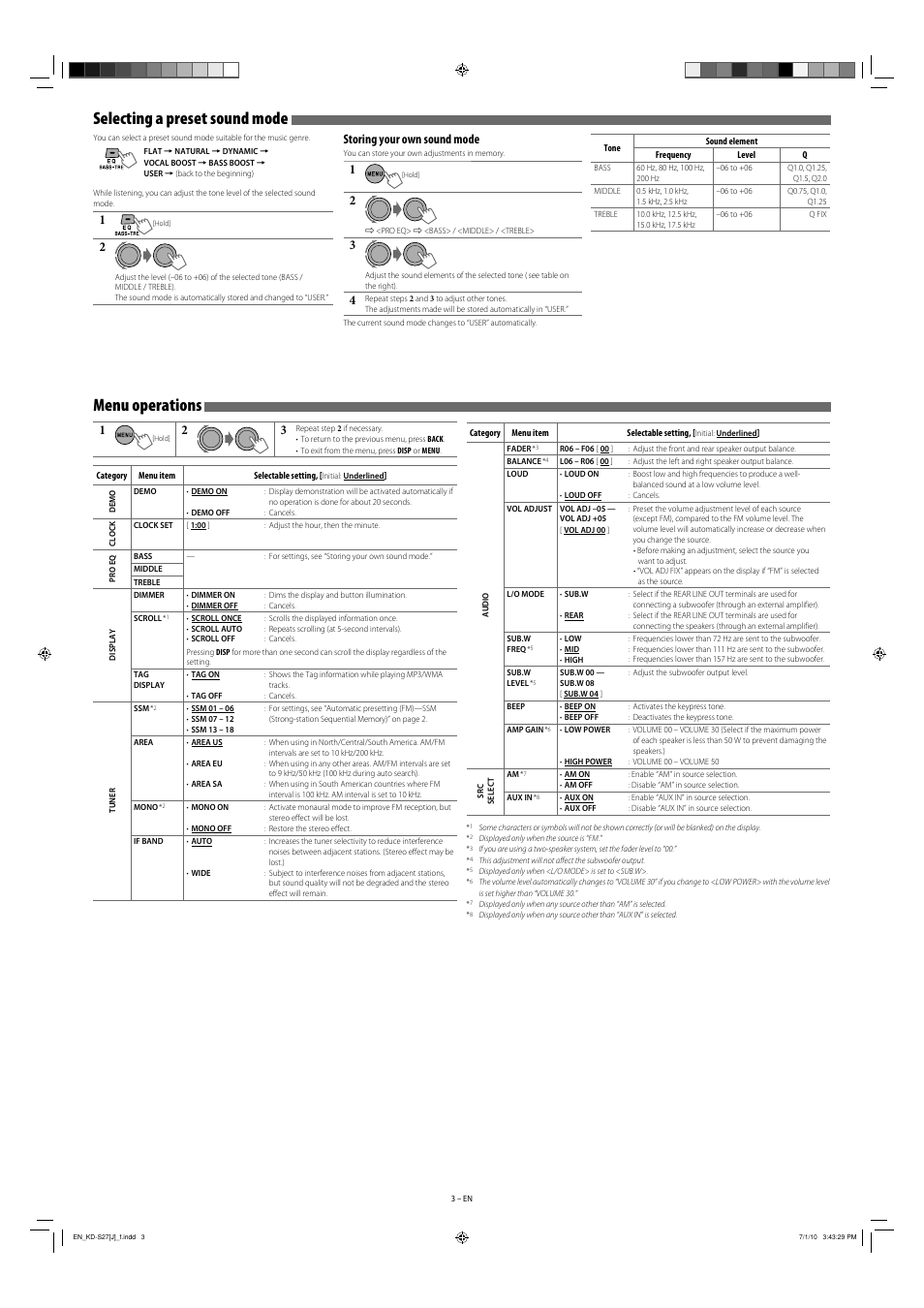 Menu operations selecting a preset sound mode, Storing your own sound mode | JVC GET0698-001A User Manual | Page 3 / 6