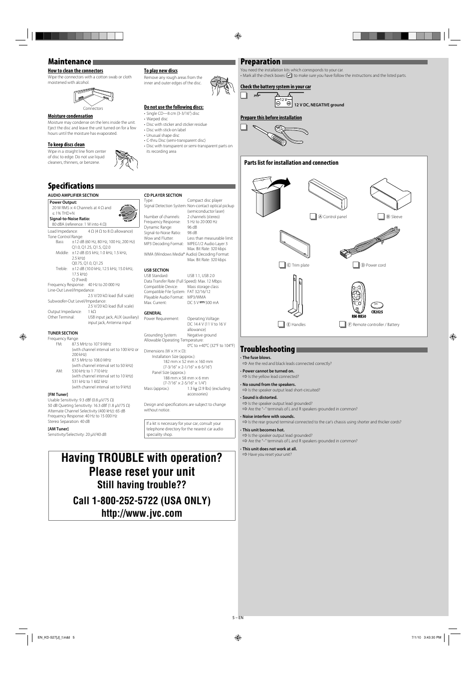 Specifications, Maintenance, Preparation | Troubleshooting | JVC GET0698-001A User Manual | Page 5 / 6