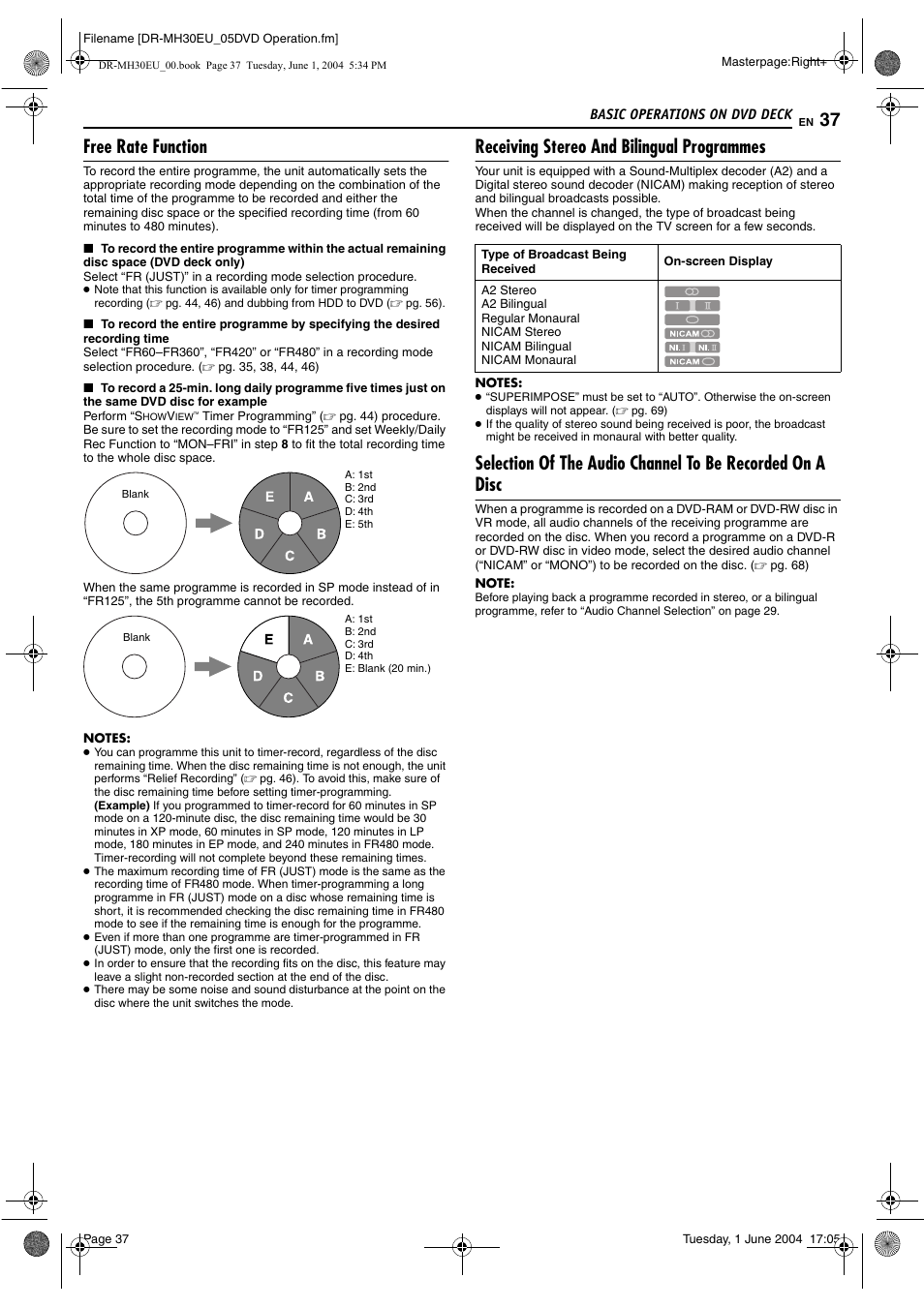 Free rate function, Receiving stereo and bilingual programmes, Pg. 37) | JVC DR-MH30S User Manual | Page 37 / 88