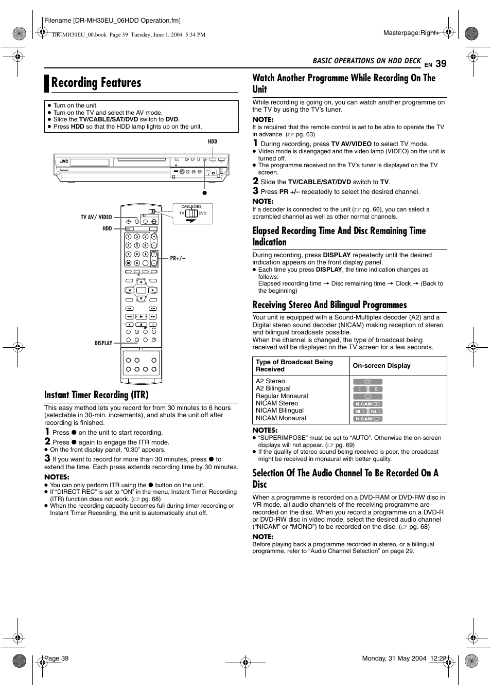 Recording features, Instant timer recording (itr), Receiving stereo and bilingual programmes | Pg. 39) or time | JVC DR-MH30S User Manual | Page 39 / 88