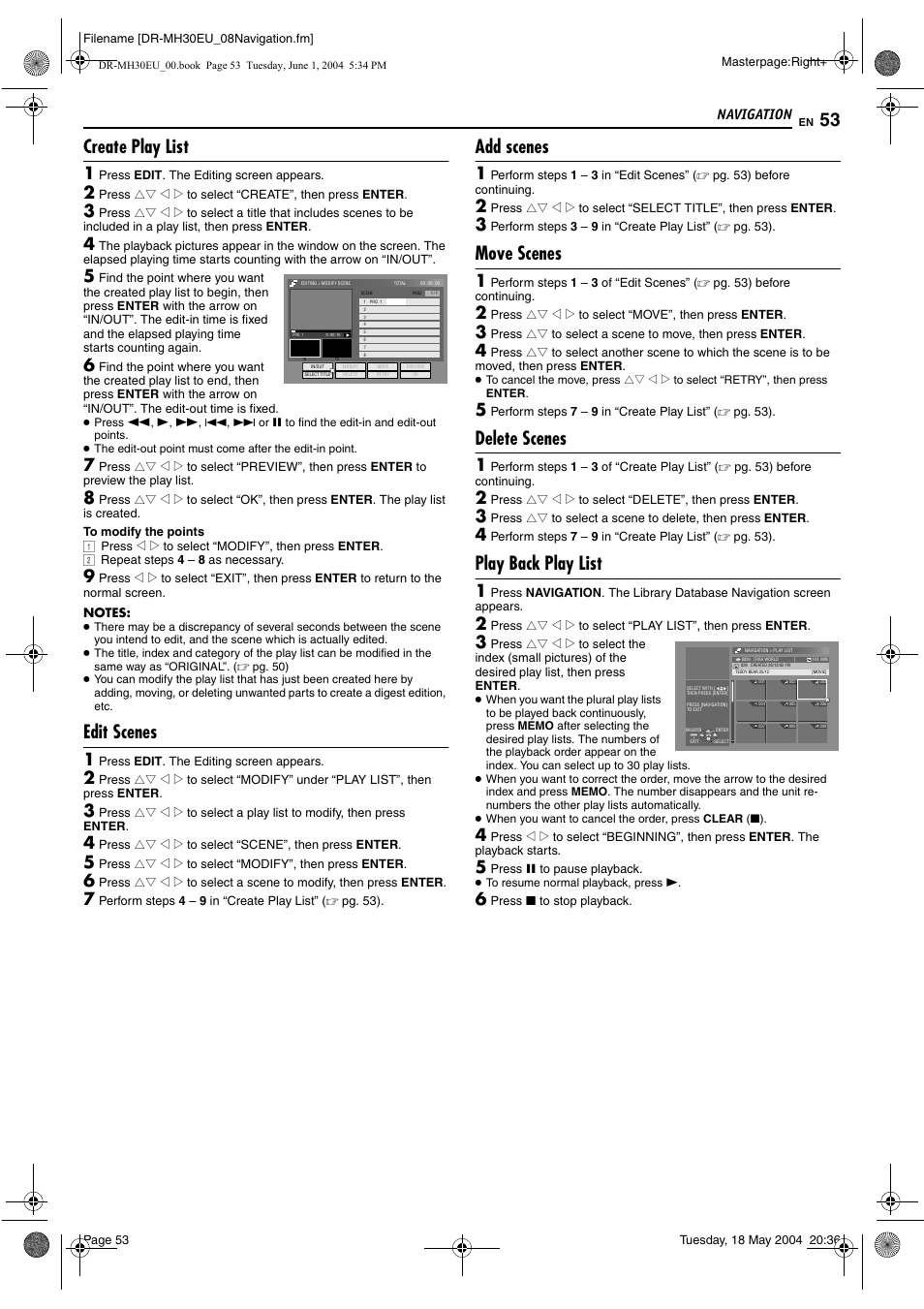 Create play list, Edit scenes, Add scenes | Move scenes, Delete scenes, Play back play list, Navigation | JVC DR-MH30S User Manual | Page 53 / 88