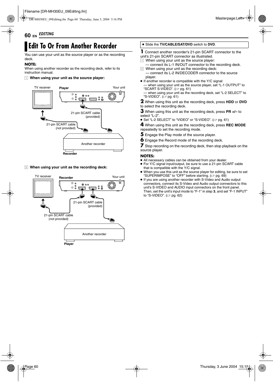 Edit to or from another recorder, Pg. 60 | JVC DR-MH30S User Manual | Page 60 / 88