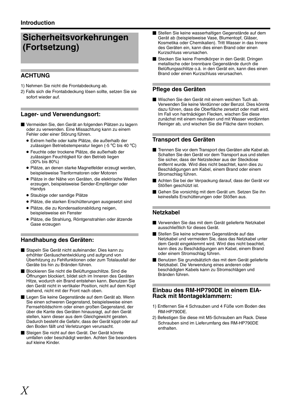 Sicherheitsvorkehrungen (fortsetzung), Introduction achtung, Lager- und verwendungsort | Handhabung des geräten, Pflege des geräten, Transport des geräten, Netzkabel | JVC RM-LP25U User Manual | Page 10 / 44