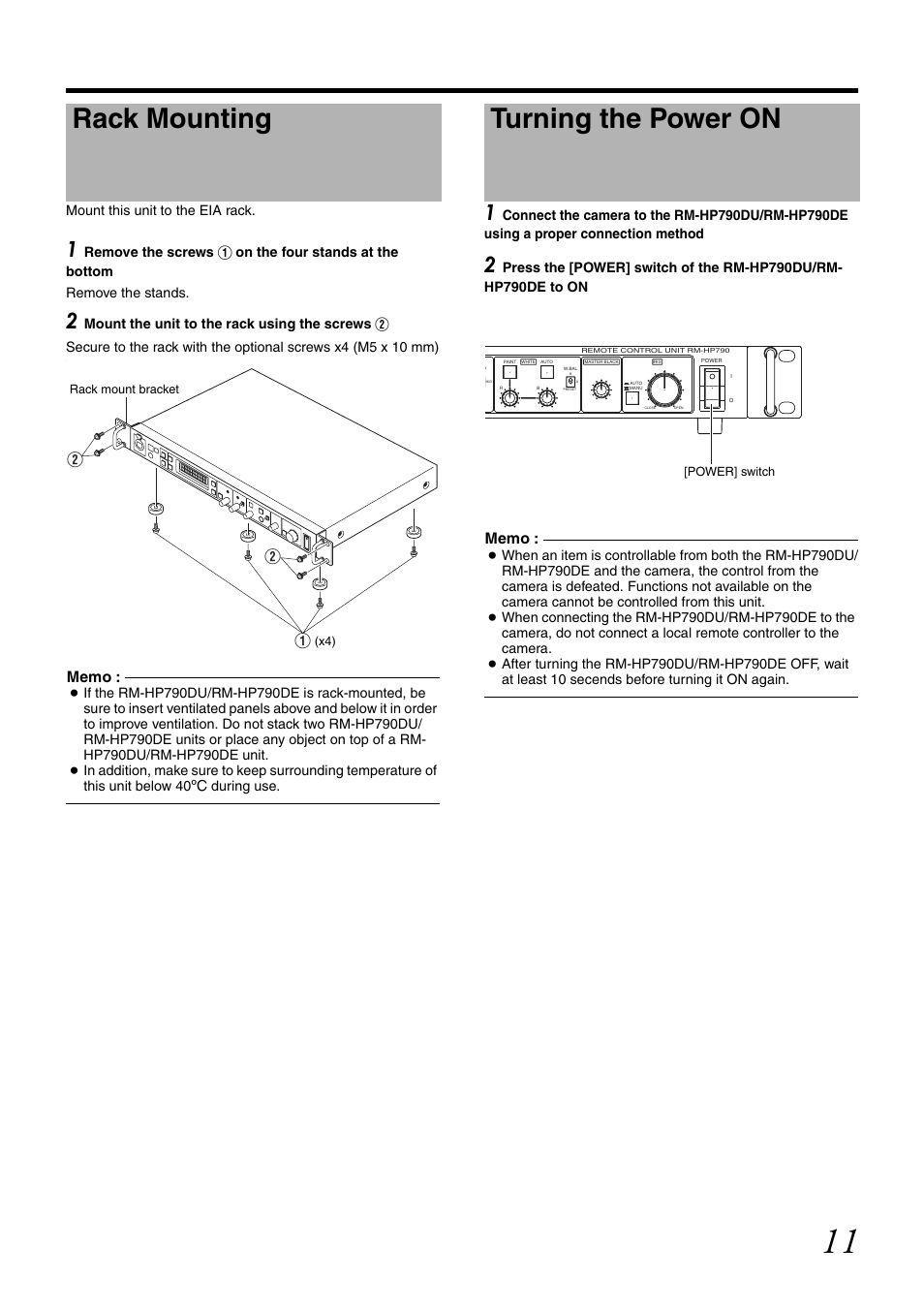 Rack mounting, Turning the power on, Rack mounting turning the power on | JVC RM-LP25U User Manual | Page 21 / 44