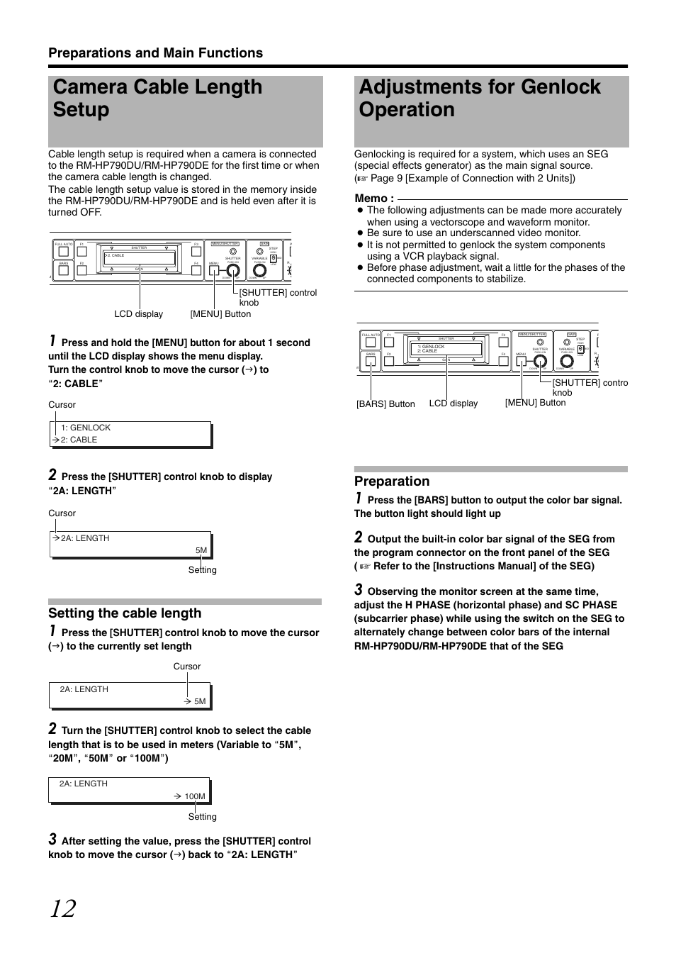 Preparations and main functions, Camera cable length setup, Adjustments for genlock operation | Setting the cable length, Preparation, Connected components to stabilize | JVC RM-LP25U User Manual | Page 22 / 44