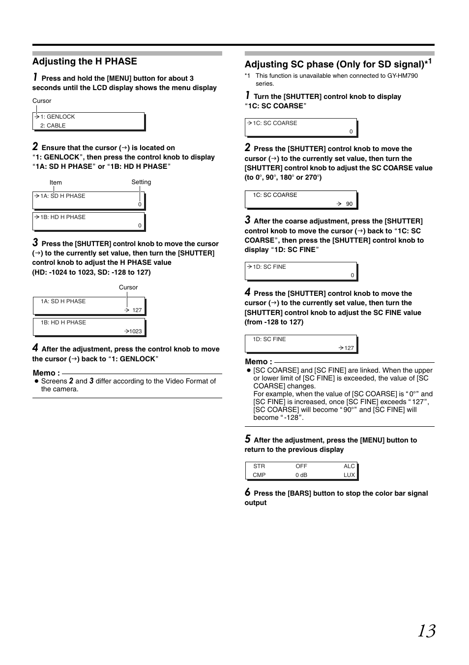 Adjusting the h phase, Adjusting sc phase (only for sd signal) | JVC RM-LP25U User Manual | Page 23 / 44