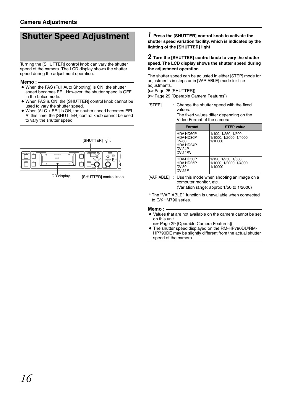 Camera adjustments, Shutter speed adjustment | JVC RM-LP25U User Manual | Page 26 / 44