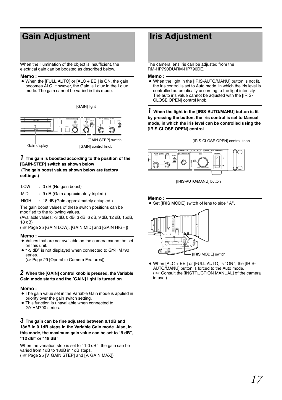 Gain adjustment, Iris adjustment, Gain adjustment iris adjustment | Mode. the gain cannot be varied in this mode, A page 29 [operable camera features]), Gy-hm790 series, Close open] control knob | JVC RM-LP25U User Manual | Page 27 / 44