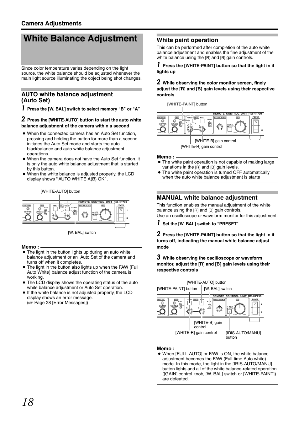 White balance adjustment, Camera adjustments, Auto white balance adjustment (auto set) | White paint operation, Manual white balance adjustment, A page 28 [error messages]), Gain controls, When the auto white balance adjustment is starte, Set the [w. bal] switch to apresetb, Are defeated | JVC RM-LP25U User Manual | Page 28 / 44