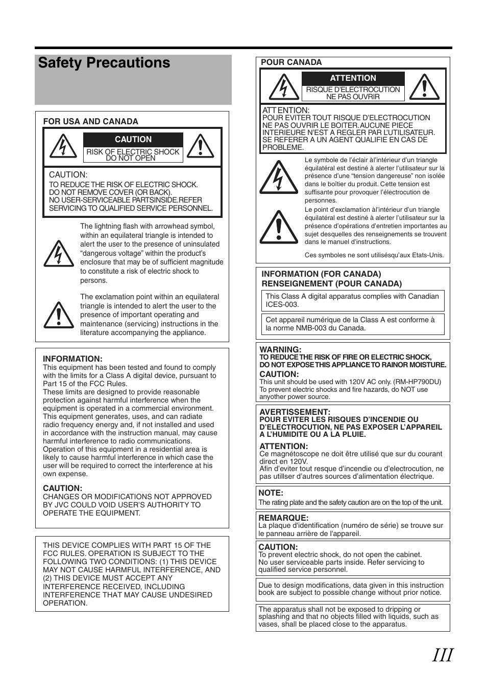 Safety precautions | JVC RM-LP25U User Manual | Page 3 / 44