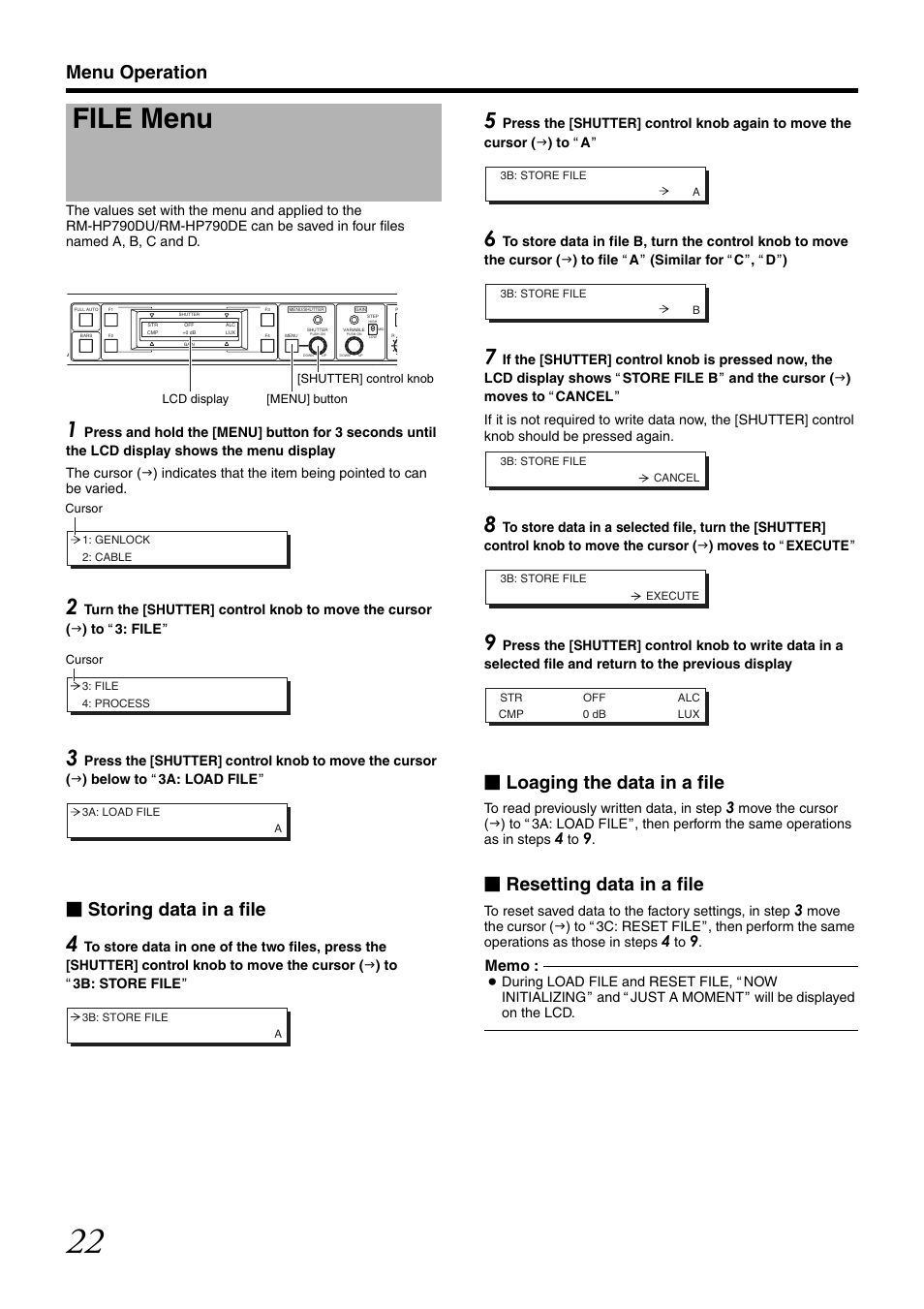 File menu, Menu operation, Storing data in a file | Loaging the data in a file, Resetting data in a file | JVC RM-LP25U User Manual | Page 32 / 44