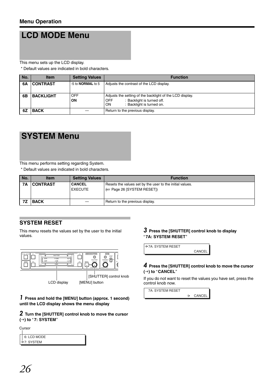 Lcd mode menu, System menu, Lcd mode menu system menu | Menu operation, System reset | JVC RM-LP25U User Manual | Page 36 / 44