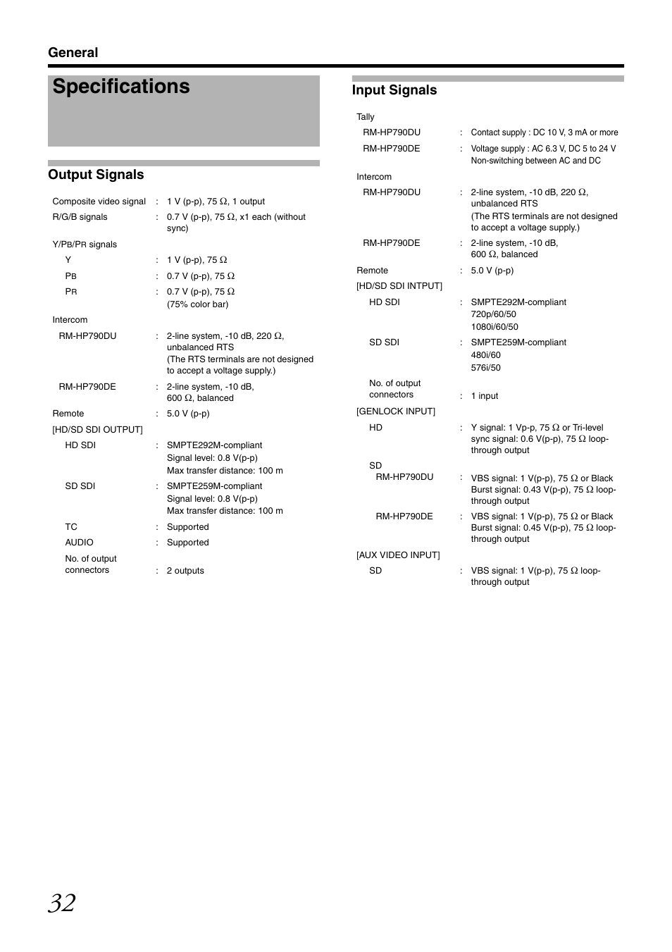 Specifications, General output signals input signals | JVC RM-LP25U User Manual | Page 42 / 44