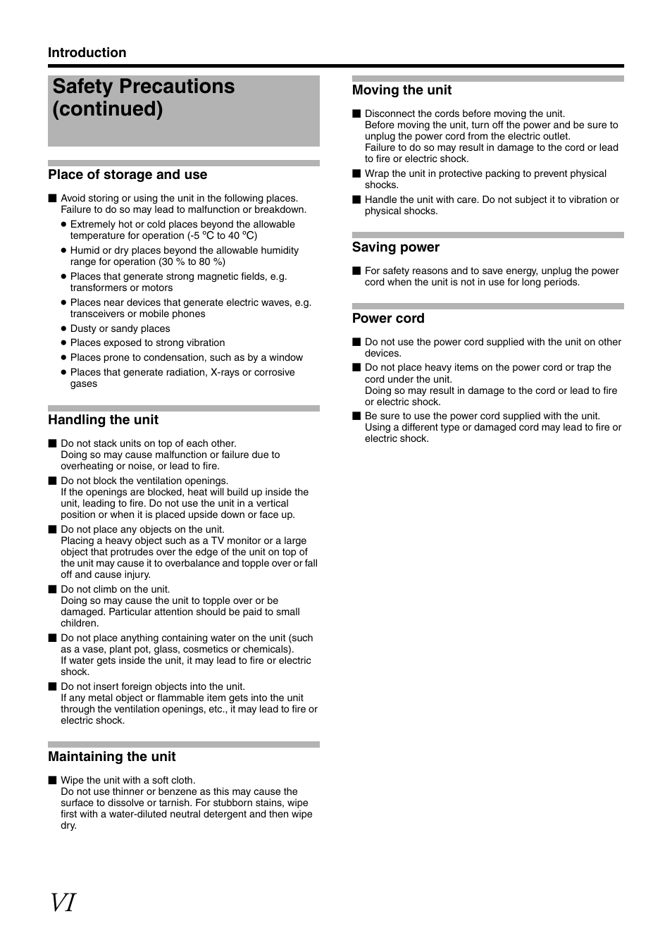 Safety precautions (continued), Introduction place of storage and use, Handling the unit | Maintaining the unit, Moving the unit, Saving power, Power cord | JVC RM-LP25U User Manual | Page 6 / 44