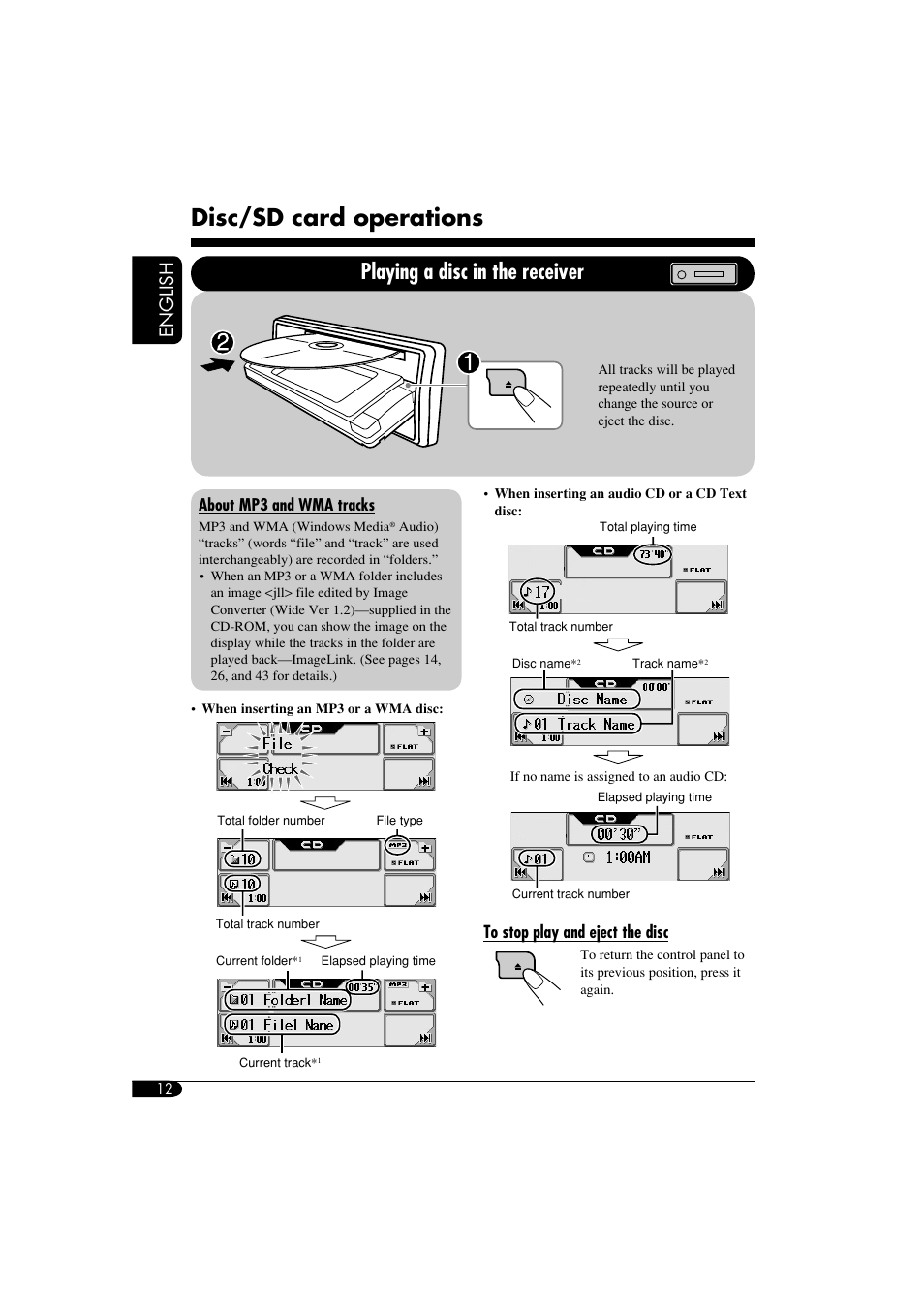 Disc / sd card operation, Loading / ejecting a disc, Disc/sd card operations | Playing a disc in the receiver, English, About mp3 and wma tracks | JVC KD-LHX550 User Manual | Page 12 / 86