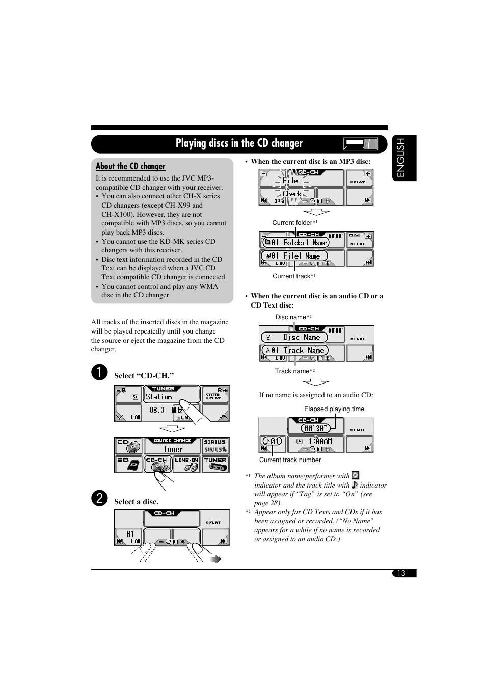 Cd changer control, Playing discs in the cd changer, English | JVC KD-LHX550 User Manual | Page 13 / 86