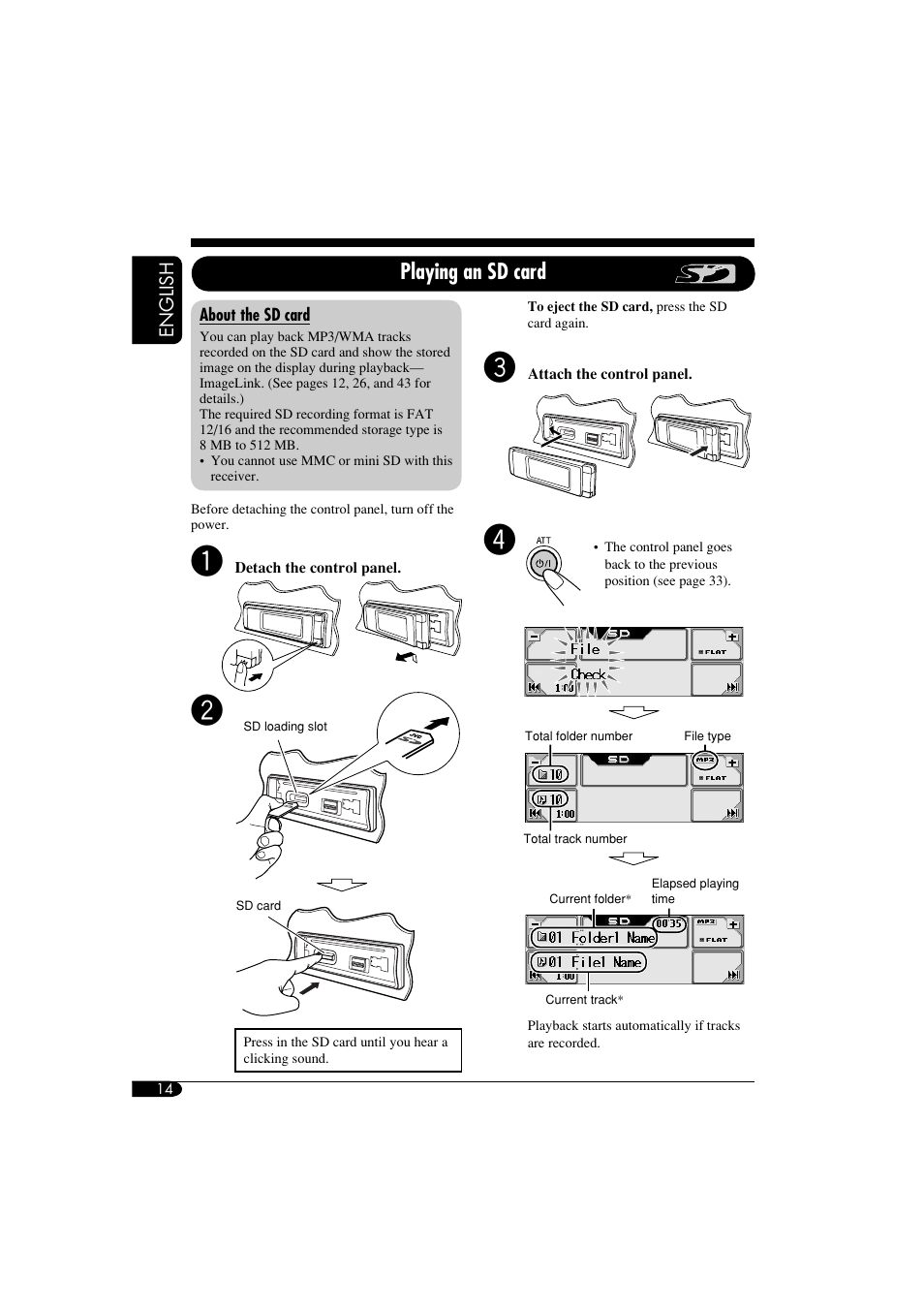 Removing / attaching faceplate, Inserting / removing an sd card, Playing an sd card | JVC KD-LHX550 User Manual | Page 14 / 86