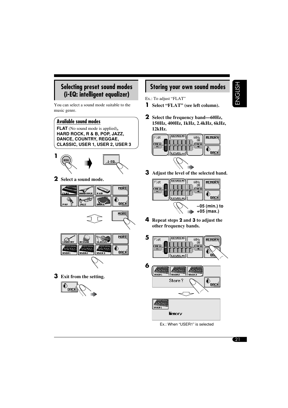 Preset sound modes - i-eq, Storing your own sound modes | JVC KD-LHX550 User Manual | Page 21 / 86
