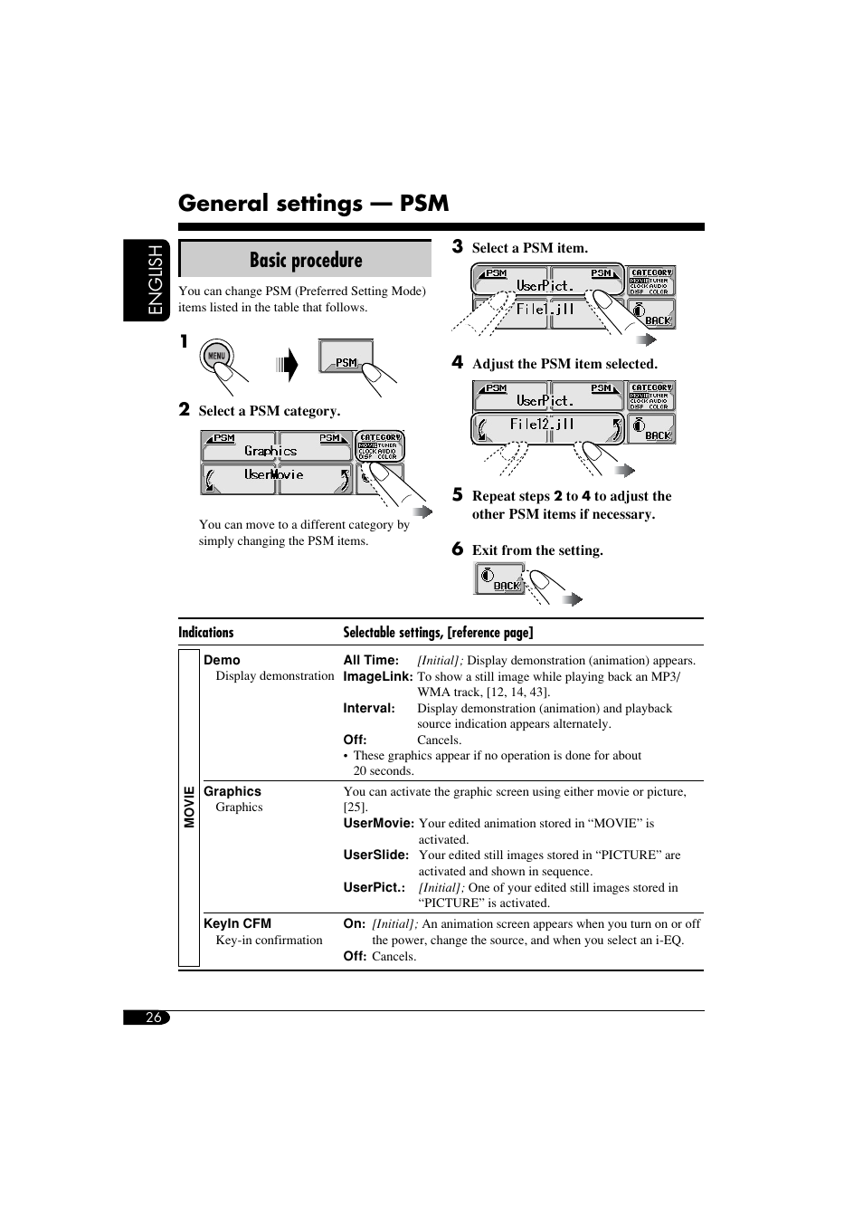 Preferred settings menu, Navigating the menu, List of menu items | General settings — psm, Basic procedure, English | JVC KD-LHX550 User Manual | Page 26 / 86