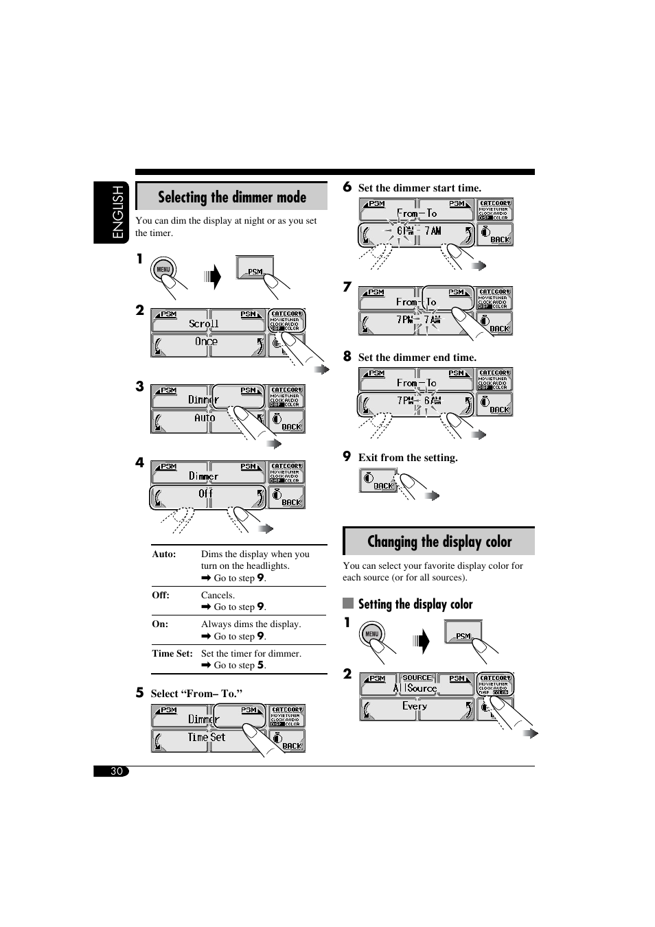 Selecting dimmer mode, Chaging display color, Changing the display color | Selecting the dimmer mode | JVC KD-LHX550 User Manual | Page 30 / 86